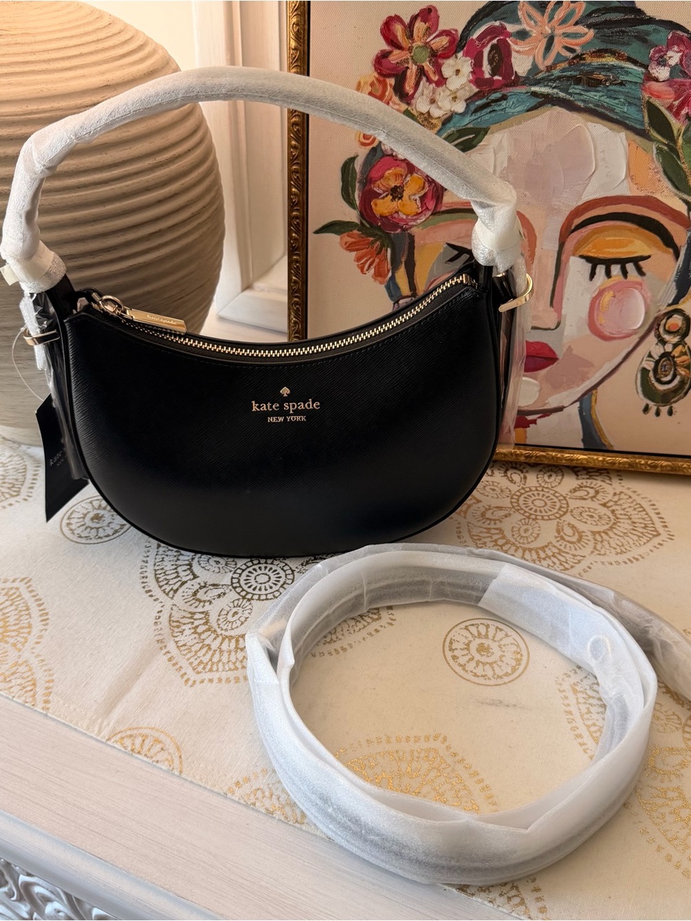 kate spade black crescent shoulder bag with gold logo